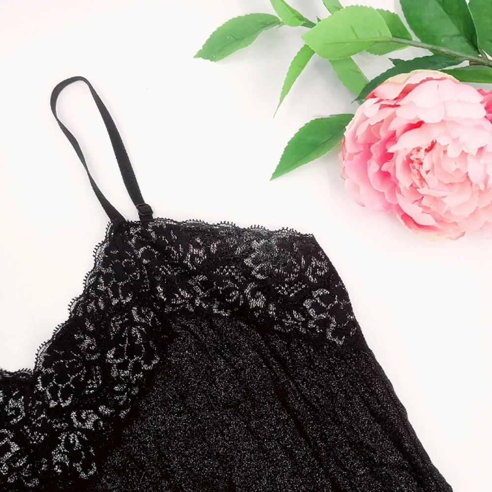 VANITY Y2k Glitter Accented Lace Trim Black Crinkled Stretch Fabric Cami M - Picture 3 of 10